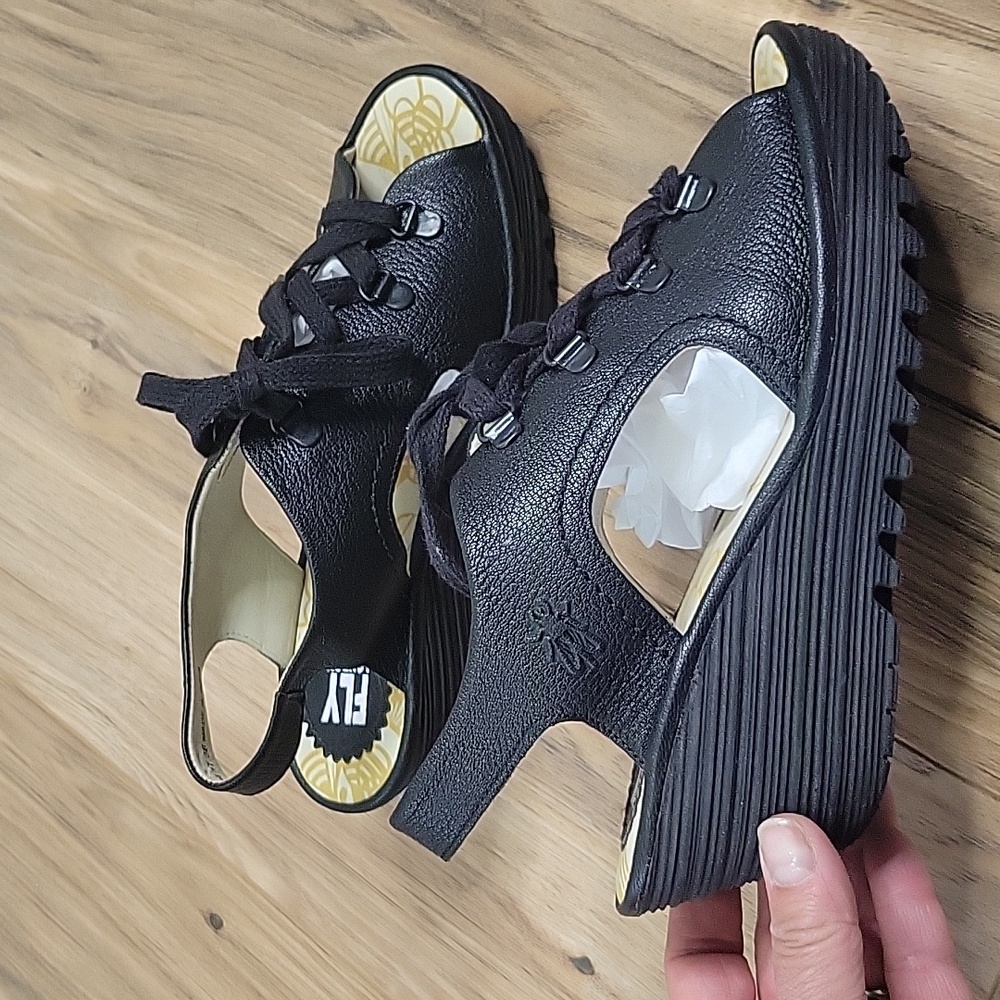 Fly London Ylva Black Leather Wedge Sandals